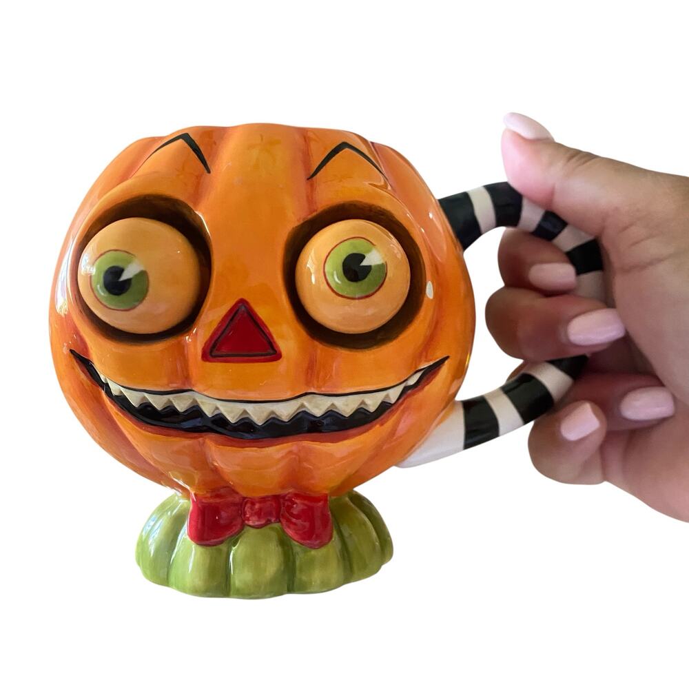 RARE Department 56 Halloween Pumpkin Coffee Tea Mug w/ Googley Eyes - Retired